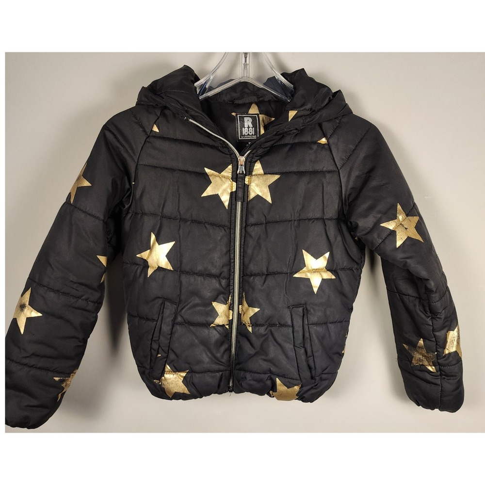 R 1881 by S Rothschild Black Puffer‎ Jacket Gold Stars Kids Size M 10 12